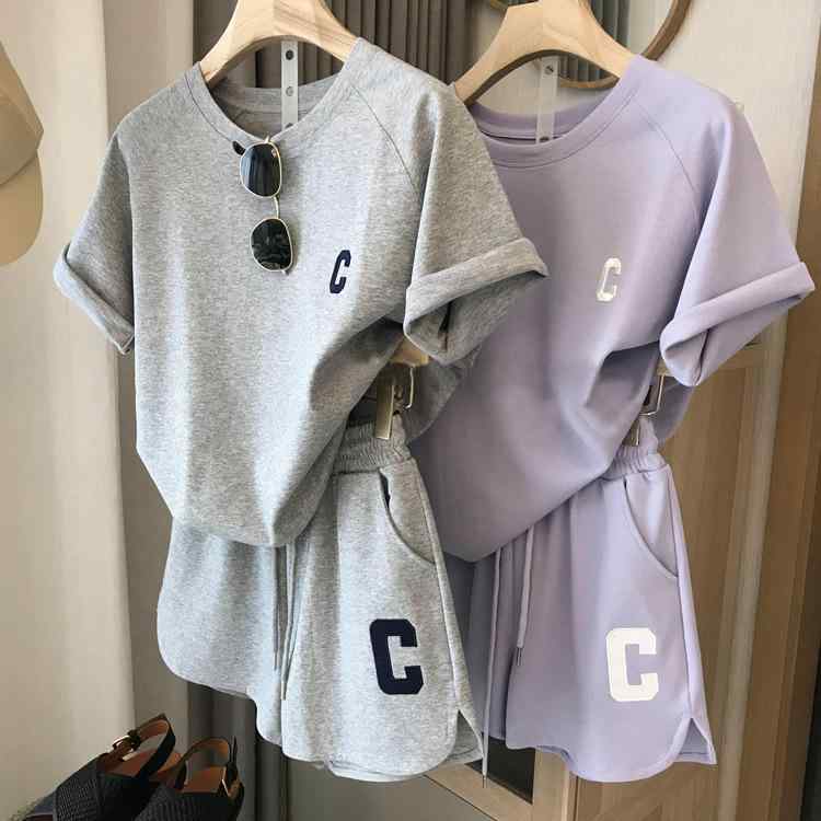 キッズ ガールズ 半袖 短パン セットアップ 夏服 子供服 上下セット 2点 普段着 かわいい アルファベット グレー パープル 120cm 130cm 140cm 150cm 160cm 170cm