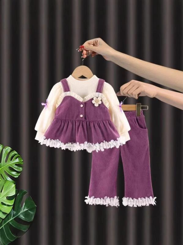 子供服 セットアップ 女の子 春秋物 3点セット 子供 長袖トップス 吊りスカート ロングパンツ かわいい おしゃれ 普段着 部屋着 お出かけ 公園着