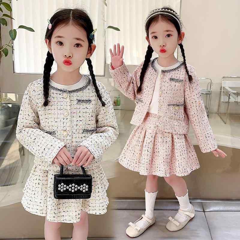子供用セットアップ ガールズ 小香風 プリーツスカート 上下セット 春秋 ミドル丈 コットン 格子柄 長袖 かわいい おしゃれ ベージュ ピンク系