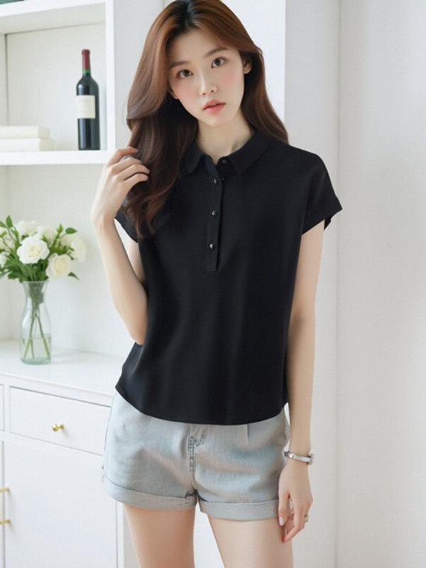 Tシャツ レディース 半袖 チュニック 接触冷感 シルク混 トップス ポロ襟 カットソー ゆったり 薄手 通勤 カジュアル 無地 黒 ブラック系