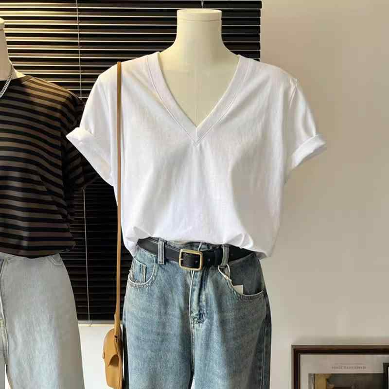 Tシャツ レディース 半袖 コットン Vネック 無地 トップス カットソー チュニック ゆったり 大きめサイズ 体型カバー 白 黒
