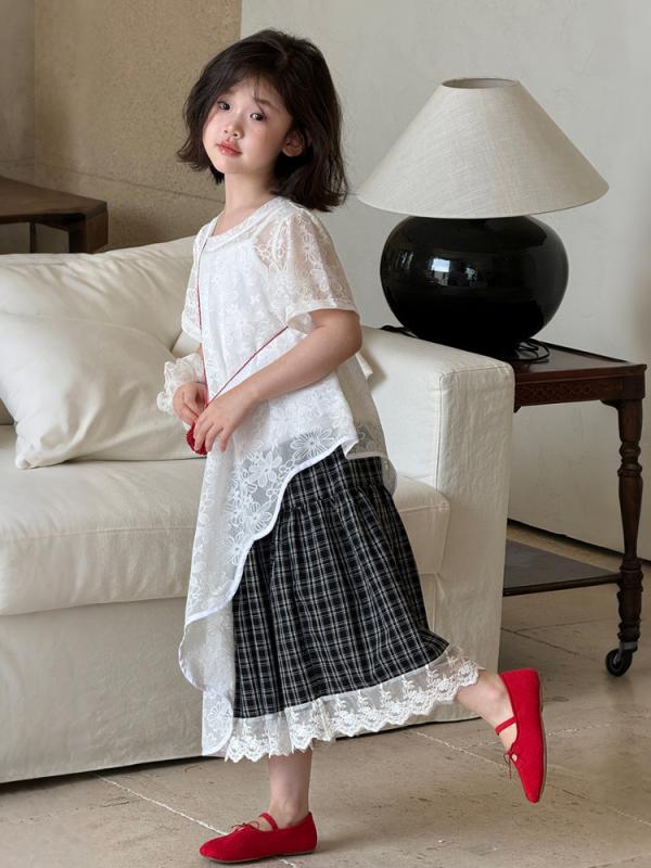 キッズ 女の子用 セットアップ レース 花柄 チェック柄 スカート 半袖 薄手 かわいい おしゃれ 夏服 ガールズ 上下セット