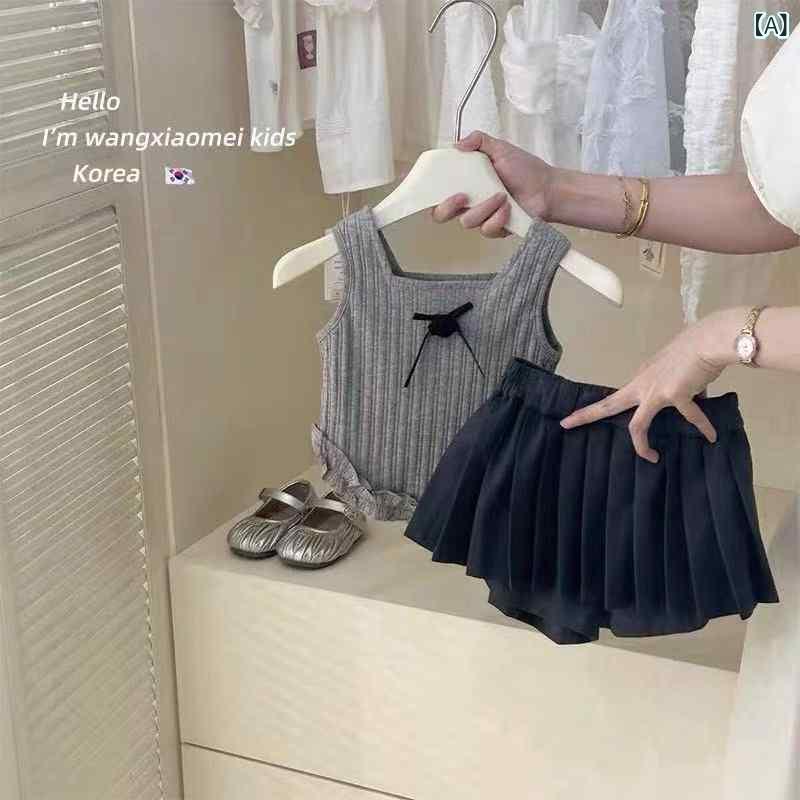 女の子 子供 夏 トップス 背心 プリーツスカート セット 綿素材 柔らかい 格子柄 かわいい 甘い スタイル 短袖 普通厚 3～8歳 通気性 吸湿性 日常着 百搭 韓国風 2点セット