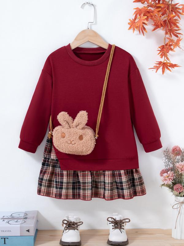 ワンピース 子供 女の子 長袖 ニット Aライン チェック柄 バッグ付き 普段使い かわいい お出かけ着