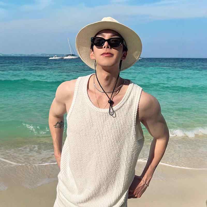 ベスト 男性用 高級感 無地 ノースリーブ Tシャツ 接触冷感 カットソー リブ 部屋着 普段使い 黒 白 ベージュ