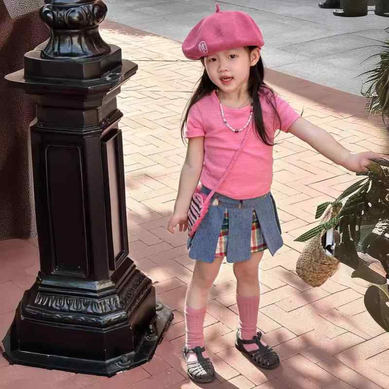 Tシャツ スカート ベビー服 女の子 ピンク系 格子柄 プリーツスカート 上下セット 綿100% 幼児 普段着 かわいい