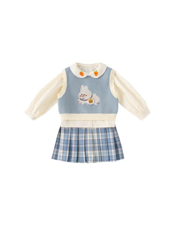 子供服 女の子 ニットベスト セットアップ 春秋 アンサンブル チェック柄 プリーツスカート 3点セット 通園 通学 普段着 かわいい ガールズ キッズ 子供用 トップス ボトムス