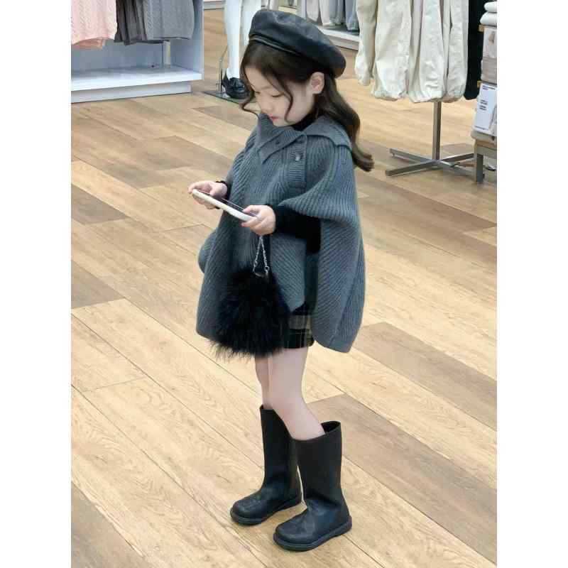 キッズ 女の子 コート ポンチョ スカート セットアップ 秋冬 グレー 灰色 黒 ブラック 白 チェック柄 厚手 かわいい 8歳 9歳 10歳 11歳 12歳 13歳 14歳