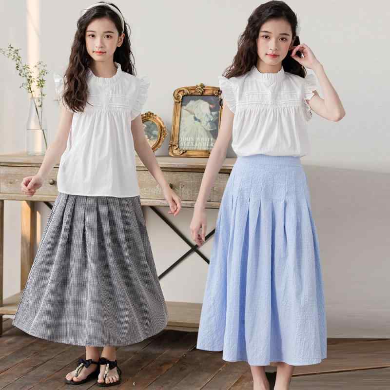 子供服 女の子 夏物 セットアップ 飛袖 トップス チェック柄 スカート 2点セット かわいい おしゃれ ガールズ キッズ ジュニア 普段着 部屋着 お出かけ