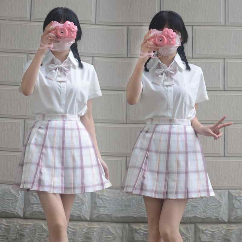 ワンピース レディース 春夏 半袖 長袖 シャツ 膝上丈 スカート 上下セット チェック柄 Aライン かわいい ガーリー 制服風