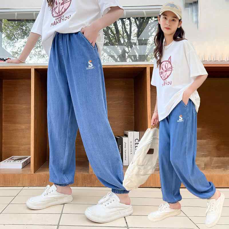 子供服 パンツ 女の子 デニム ロングパンツ 春秋 薄手 接触冷感 普段使い 中学生 高学年 140 150 160 170 180 ブルー