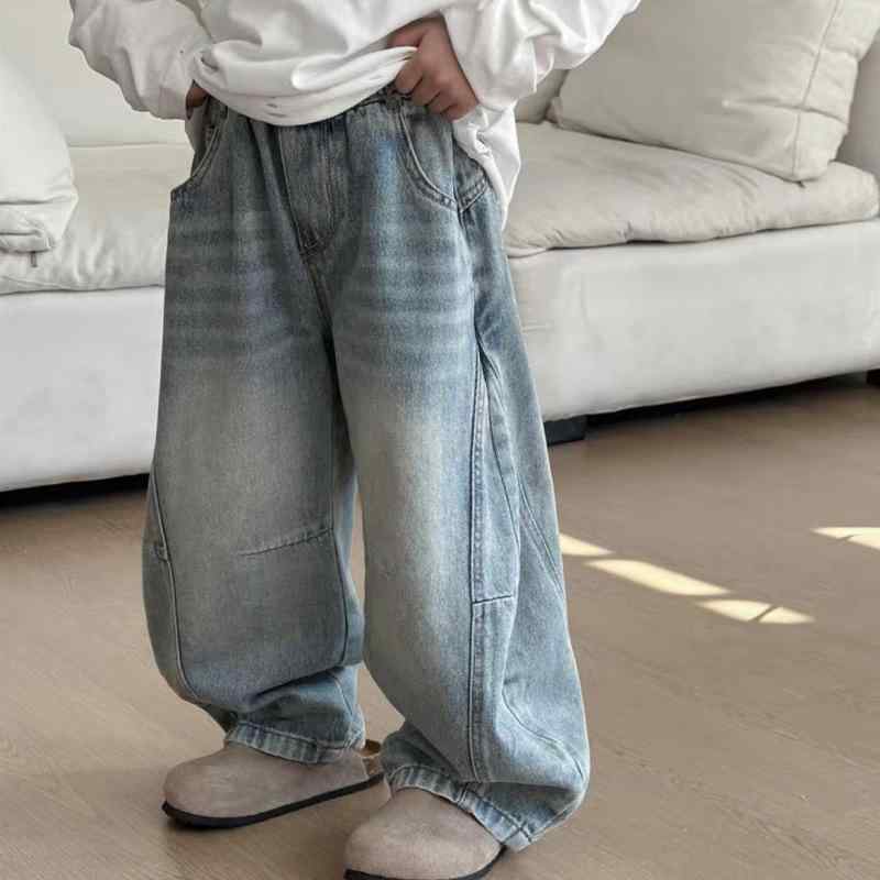 子供服 ジーンズ 男の子 ジーパン デニムパンツ ロングパンツ ゆったり 普段着 春秋 8歳以上 140cm以上 コットン 浅青色 サイド切り替え 中厚手 ウエストゴム カジュアル