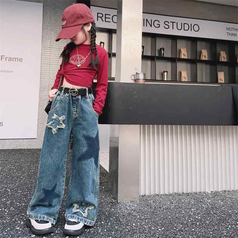 子供用ジーンズ 春秋 中大童サイズ 韓国風 デニムパンツ カジュアルパンツ 星柄 ウエストゴム仕様 ロングパンツ ガールズ 普段着 通学着