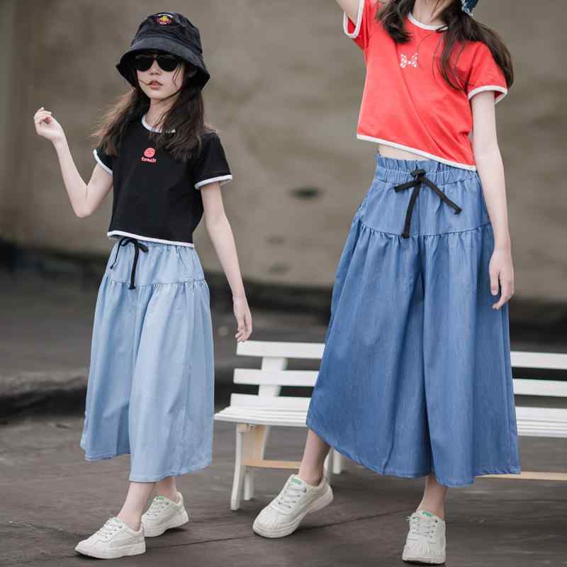 子供服 スカート付きデニムパンツ 女の子 ワイドレッグパンツ 薄手 ゆったり 中小学生向け 7分丈パンツ コットン 浅青色