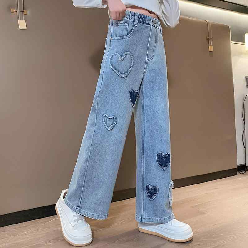 キッズ デニム ワイドレッグパンツ 春秋 女の子 子供服 ハートモチーフ コットン 中厚手 ブルージーンズ ブラックジーンズ 120 130 140 150 160 170 4,307円
