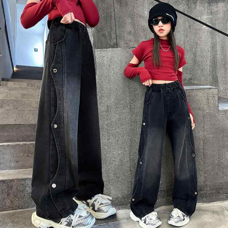 子供服 デニムパンツ ガールズ 春秋 ワイドレッグ ジーンズ 女の子 8歳以上 ブラック ゆったり B類 中大童 ロングパンツ ウエストゴム コットン 120cm 130cm 140cm 150cm 160cm 170cm