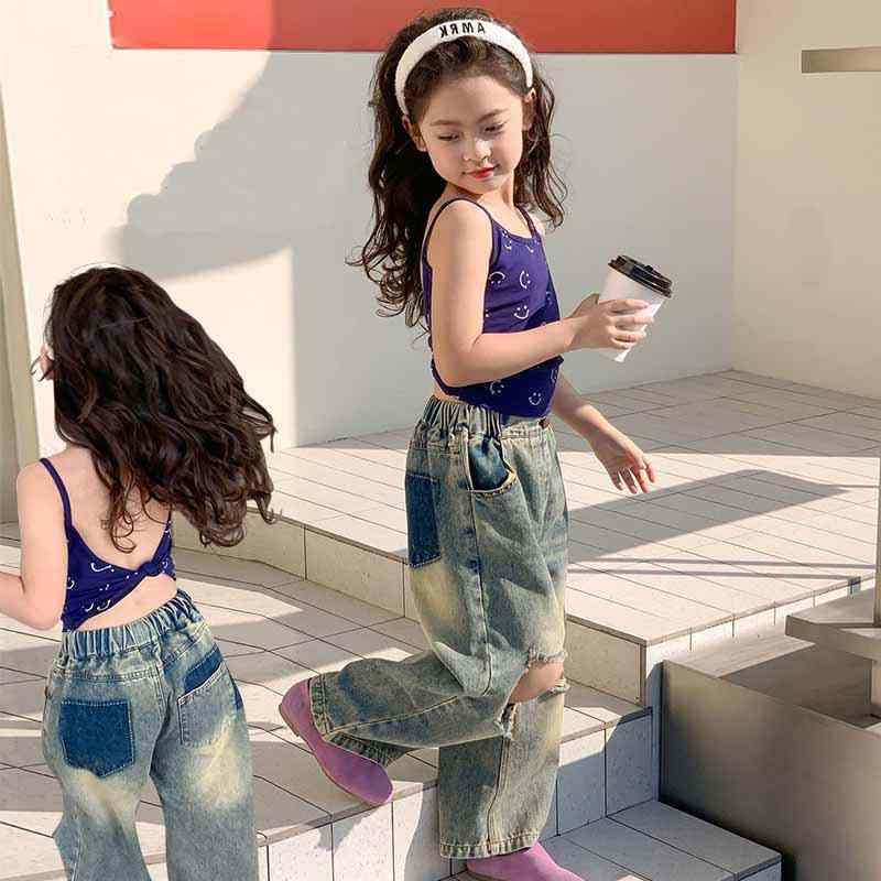 子供服 デニムパンツ 女の子 ダメージ加工 ワイドレッグパンツ 春夏秋 ミドルウエスト 普段使い 通園 通学 ガールズ 女児 キッズ 伸縮性 60%綿 デニムブルー