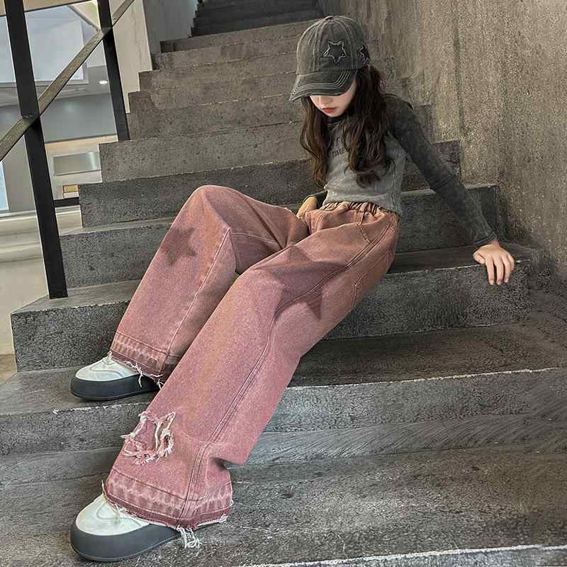 子供服 ジーンズ 女の子 デニムパンツ ワイドパンツ 春秋 高学年 ゆったり 五角星 刺・墸 ロングパンツ ガールズ 女児 ジーパン ジュニア 普段着 伸縮性 かわいい
