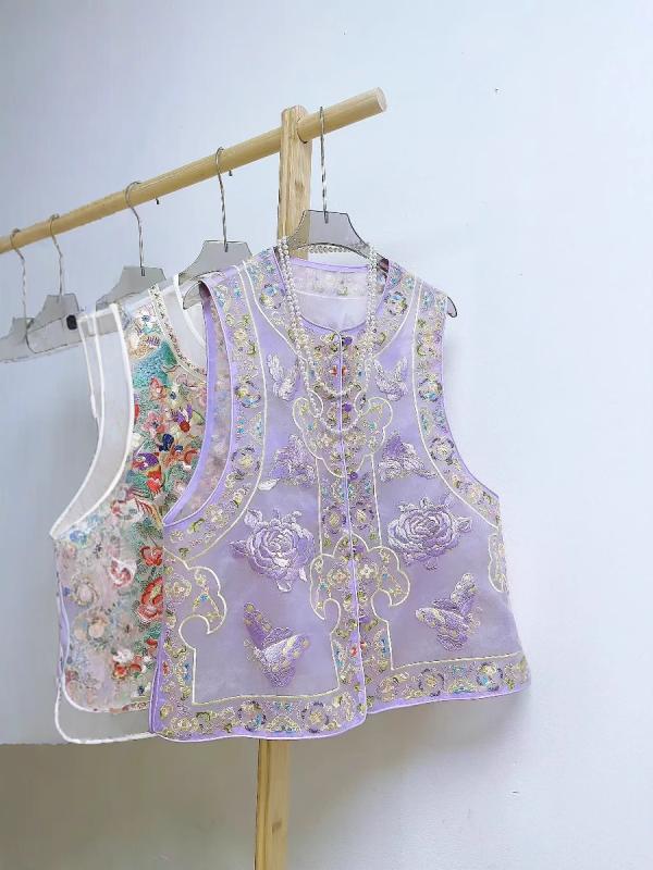 ベスト レディース 桑蚕糸 シルク ジャカード チャイナ風 重厚 刺繍 提花 上着 トップス 中国風 文芸復古 イエロー パープル