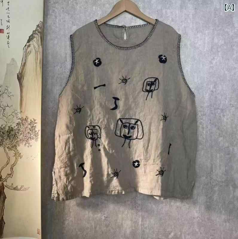 ベスト レディース 麻 リネン 中国風 文芸復古 ラウンドネック トップス ゆったり ノースリーブ 春夏