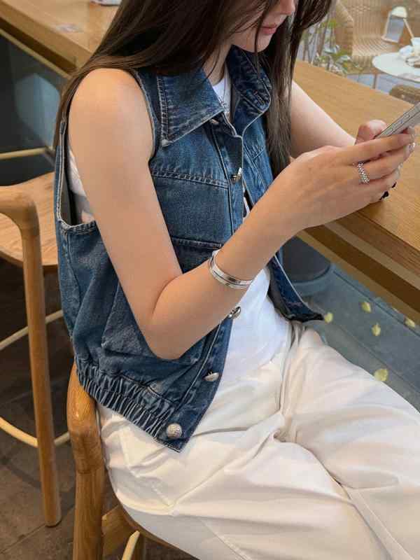 限りない レディース 春夏 ジーンズ ポロ襟 ノースリーブ 水色 ウォッシュ処理 レトロ 遊撃手丈 心地好い 通い ゆったり 愛くるしげ レディースファッション-トップス-ベスト・ジレ