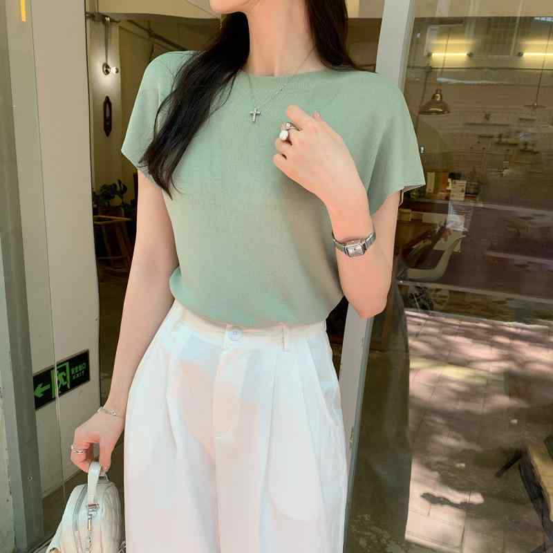 Tシャツ レディース ノースリーブ ビスコース レーヨン トップス プルオーバー カットソー 無地 きれいめ カジュアル 通勤 オフィス サマーニット 春夏 ミントグリーン ブラック オフホワイト