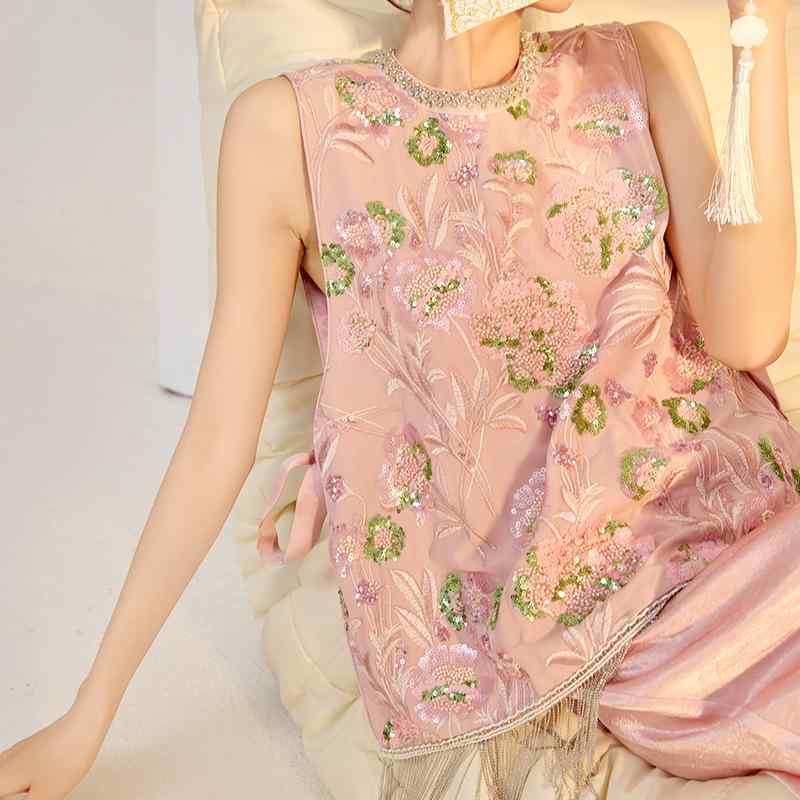 限りない レディース 瀬戸もの風 刺しゅう 襟元酸化ジルコニウム サクラ色系 ゆったり 普段使い走り 溜まり場 旅する ポリエステル レディースファッション-トップス-ベスト・ジレ
