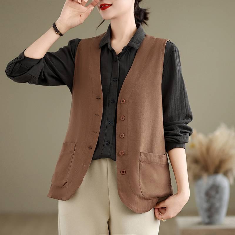 ベスト レディース 春夏 綿麻 ミセス レトロ ショート丈 チョッキ 重ね着 ベージュ コーヒー色 ブラック M L XL 2XL