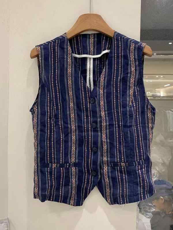 ベスト レディース 春夏 Vネック スリム 短め丈 トップス 文芸 レトロ 配色 おしゃれ ブルー系 ストライプ 普段使い｜イーマイショップ