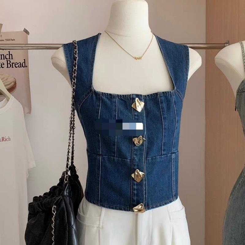 ベスト レディース デニム スクエアネック 金ボタン おしゃれ かわいい 普段使い 通勤 コットン タンクトップ トップス ノースリーブ ブルー系