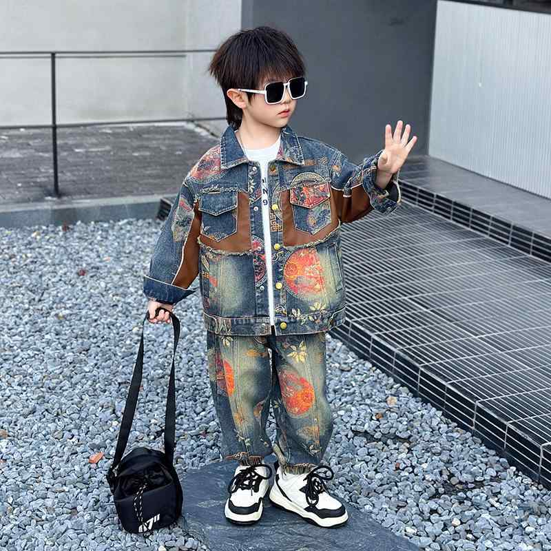 キッズ 服 & パンツ セット 春秋 子供 レトロ プリント デニム ジャケット 長ズボン 上下セット 2点 普段着 通園 通学 お出かけ
