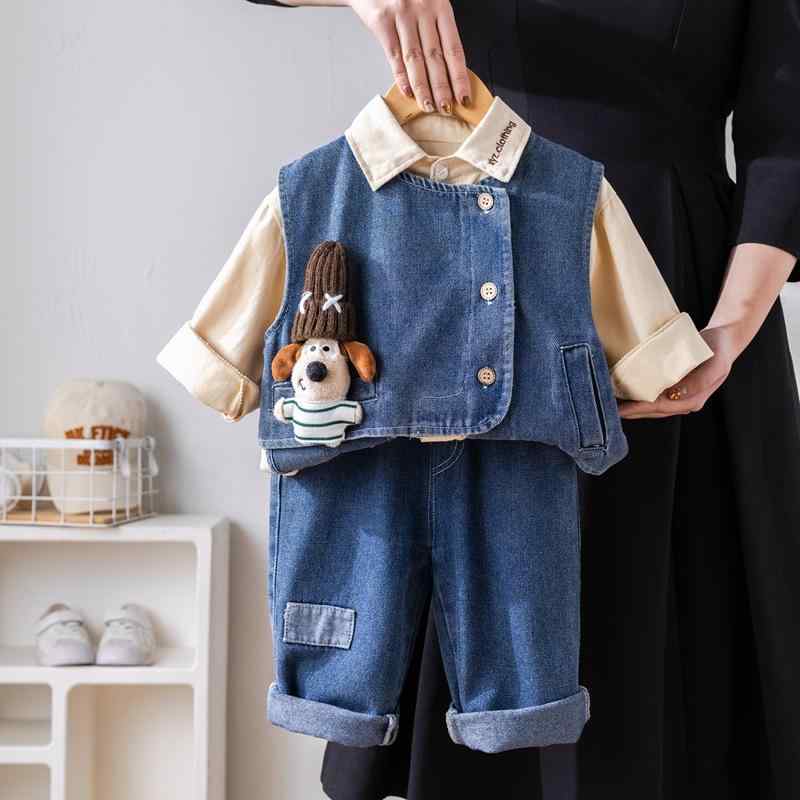 キッズ 子供用 春秋用 デニム セットアップ 3点セット：ベスト トップス パンツ かわいい犬のアップリケ付き カジュアルウェア 長袖 長ズボン 80 90 100 110 120 ブルー