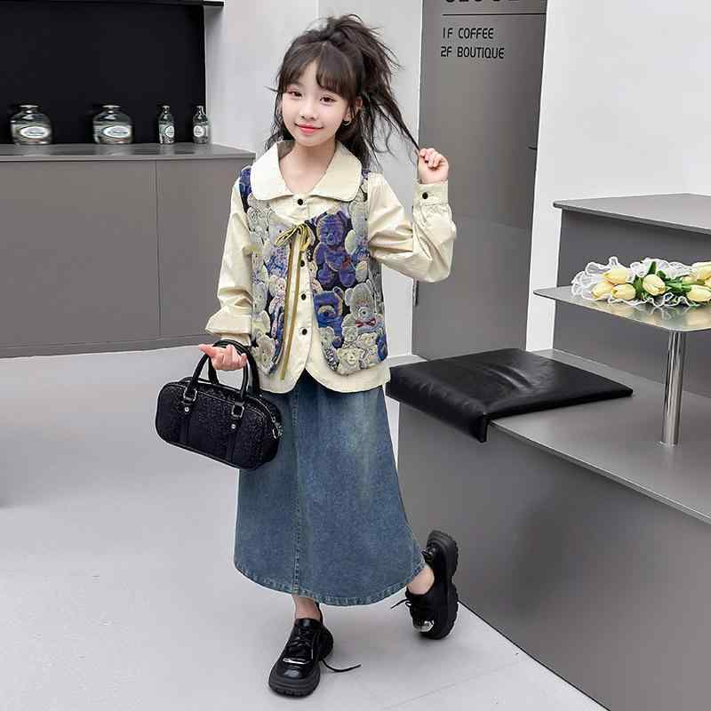 子供服 女の子 3点セット 春秋 デニムスカート セットアップ ベスト ブラウス かわいい おしゃれ 普段着 ガールズ