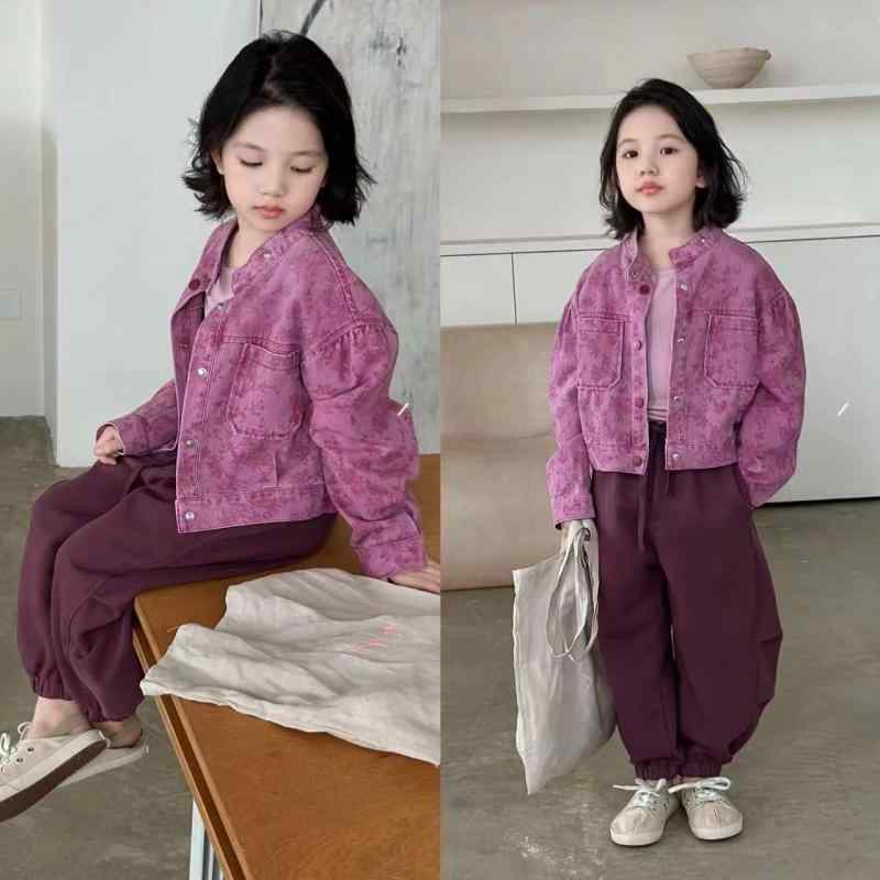 子供服 女の子 デニムジャケット セットアップ ガールズ ブルゾン パンツ 上下セット 2点セット 8歳以上 春秋 カジュアル 普段着 長袖 長ズボン パープル 紫