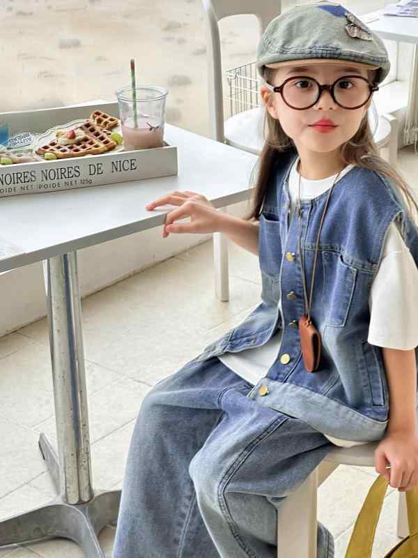 子供服 ジャケット 女の子 デニム ノースリーブ 春物 アウター 普段使い おしゃれ かわいい 90 100 110 120 130 140 150 160 デニムブルー