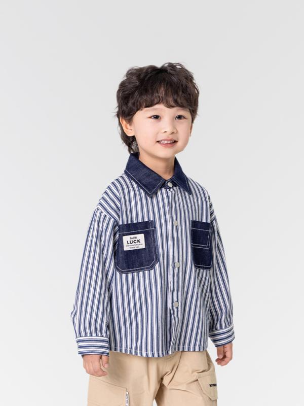 シャツ 子供服 男の子 ストライプ デニム 切り替え 長袖 コットン 100% 潮風 春秋 90cm 100cm 110cm 120cm 130cm 140cm 150cm