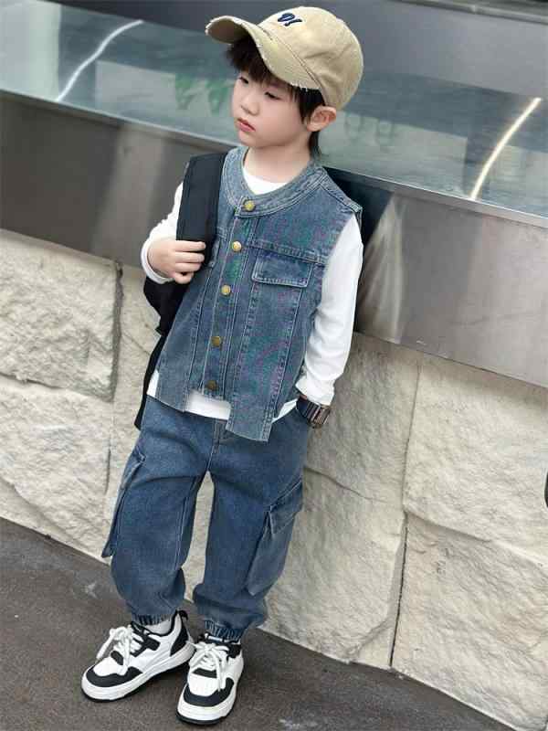 子供用 セットアップ 春秋 男の子 デニムベスト 3点セット 長袖Tシャツ 長ズボン ボーイズ 上下セット 90 100 110 120 130 140 150cm