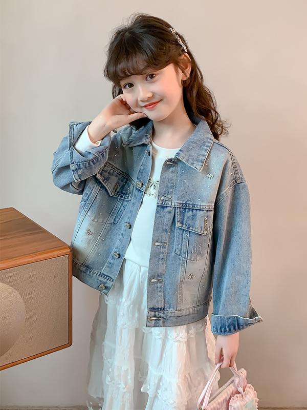 キッズ デニムジャケット ガールズ 子供服 春秋 女の子 ジージャン アウター かわいい ショート丈 ラインストーン付き 個性
