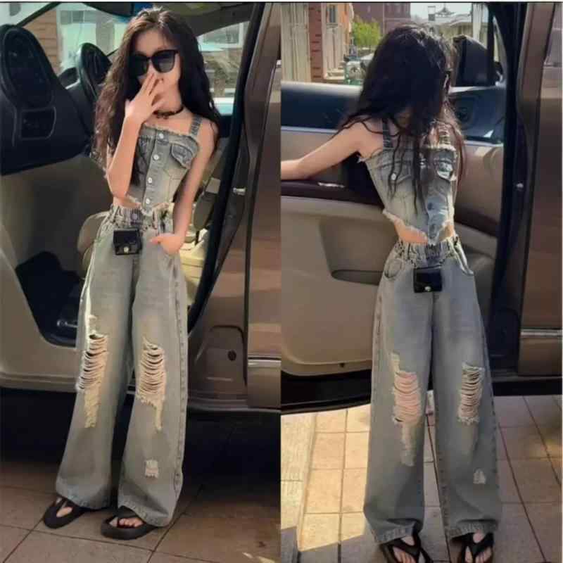 子供服 セットアップ 女の子 デニム ベスト ロングパンツ 2点セット 水洗い 個性的 春秋