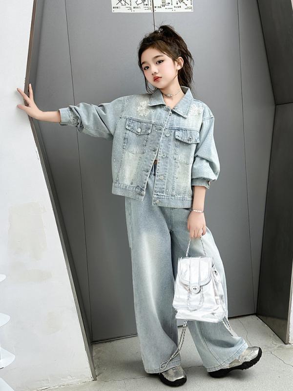 子供用デニムセットアップ 女の子 春秋 ジャケット ワイドレッグパンツ 2点セット デニム 綿 長袖 かわいい ガールズ キッズ ジュニア カジュアル