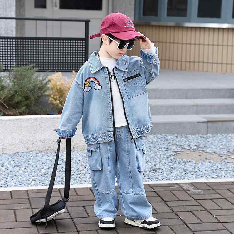 キッズ ジーンズ セットアップ 春秋 長袖 デニム ワイドレッグパンツ 2点セット 子供服 男の子 ボーイズ カジュアル