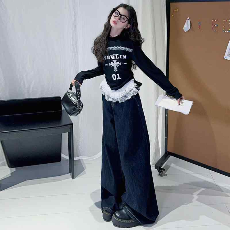 子供服 女の子 春秋 長袖 Tシャツ デニムパンツ セットアップ レース かわいい 普段使い 通園 通学 2点セット