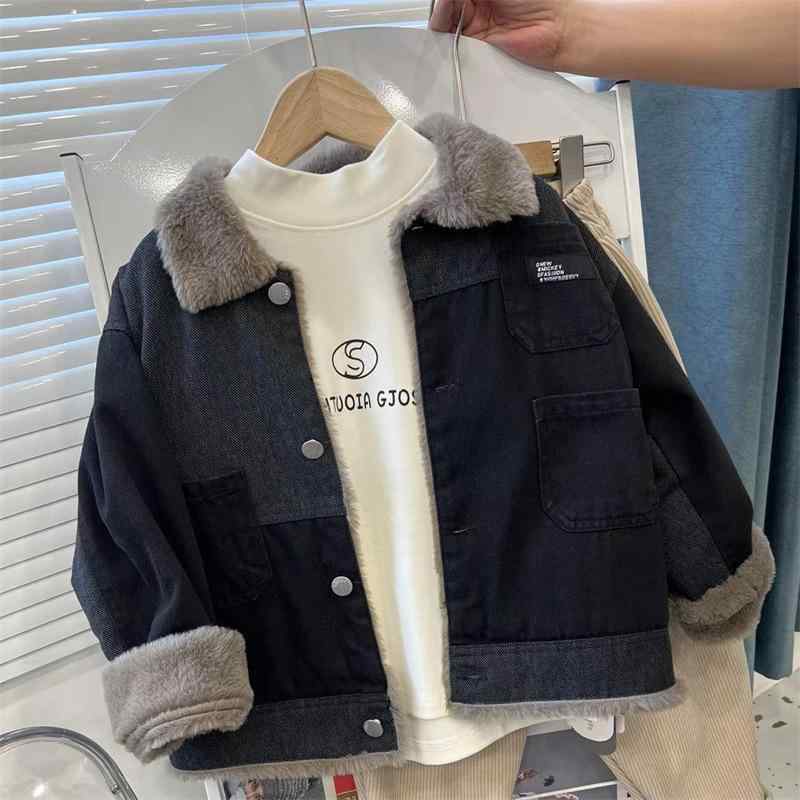 子供服 アウター 男の子 中小童 デニムジャケット 裏起毛 防寒 秋冬 黒 グレー 厚手 90 100 110 120 130 140 150 160