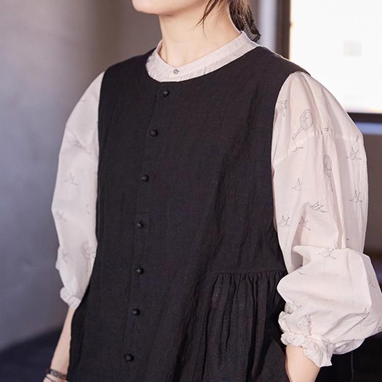 ベスト レディース 春夏 ラウンドネック 亜麻 リネン ゆったり 皺感 シワ感 ブラック 黒 ノースリーブ トップス 通勤 オフィス カジュアル｜イーマイショップ
