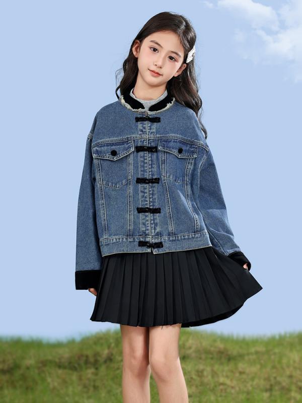 子供服 ガールズ デニム ジャケット 春秋 女の子 中大 детская 綿 Gジャン ブルゾン アウター 上着 キッズ 子供 新中式 スタイル 普段着 通学着 習い事着