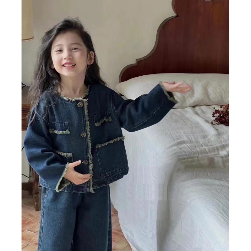 キッズ デニム セットアップ パンツスーツ 女の子 子供服 コーデュロイ ジャケット ワイドレッグパンツ 2点セット ブルー