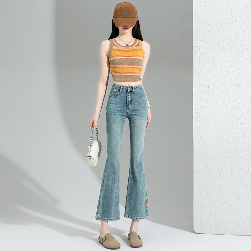 デニム レディース ジーンズ 美脚 小柄 春夏 フレアパンツ スリット ハイウエスト 8分丈 9分丈 ジーパン Gパン 綿 パンツ ズボン