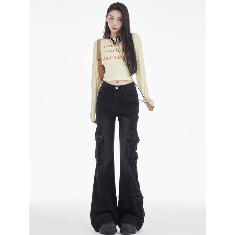 デニム レディース 美脚 ジーパン ジーンズ ズボン パンツ ワイドパンツ フレアパンツ ベルボトム ハイウエスト 黒 ブラック S M L XL 2XL