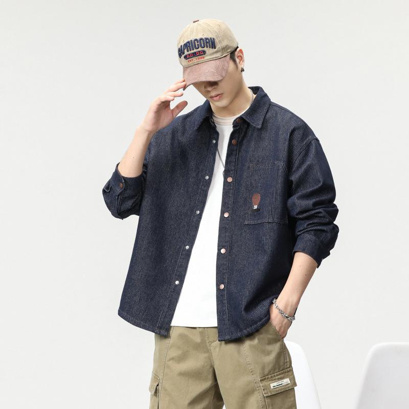 シャツ メンズ 男性用 長袖 デニム コットン ワークシャツ ブルゾン ゆったり ルーズフィット 接触冷感 耐摩耗 秋 ブルー