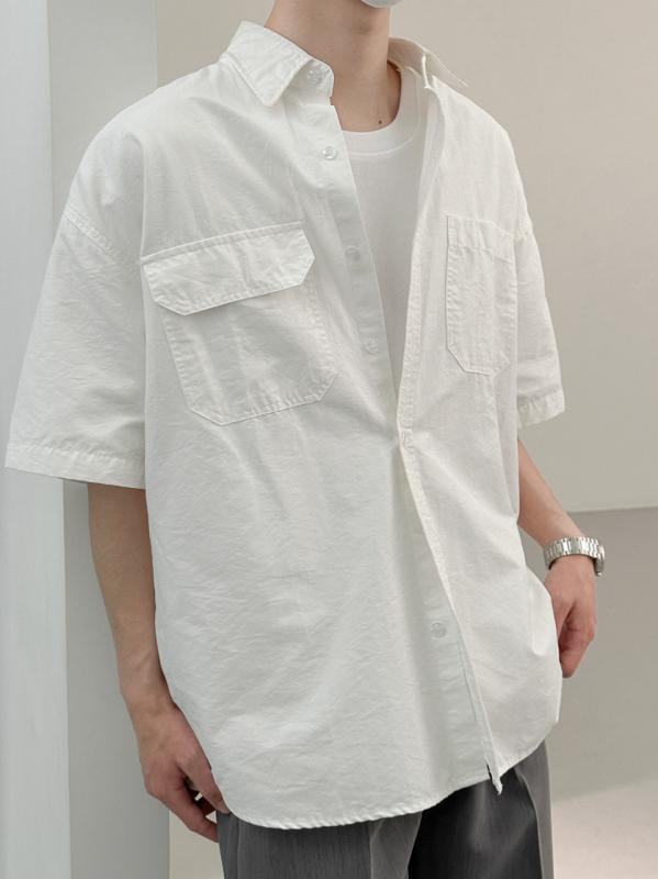 シャツ 男性用 半袖 ポリエステル 接触冷感 5分袖 襟付き トップス 無地 ポケット 普段使い リラックス ルームウェア ホワイト グリーン